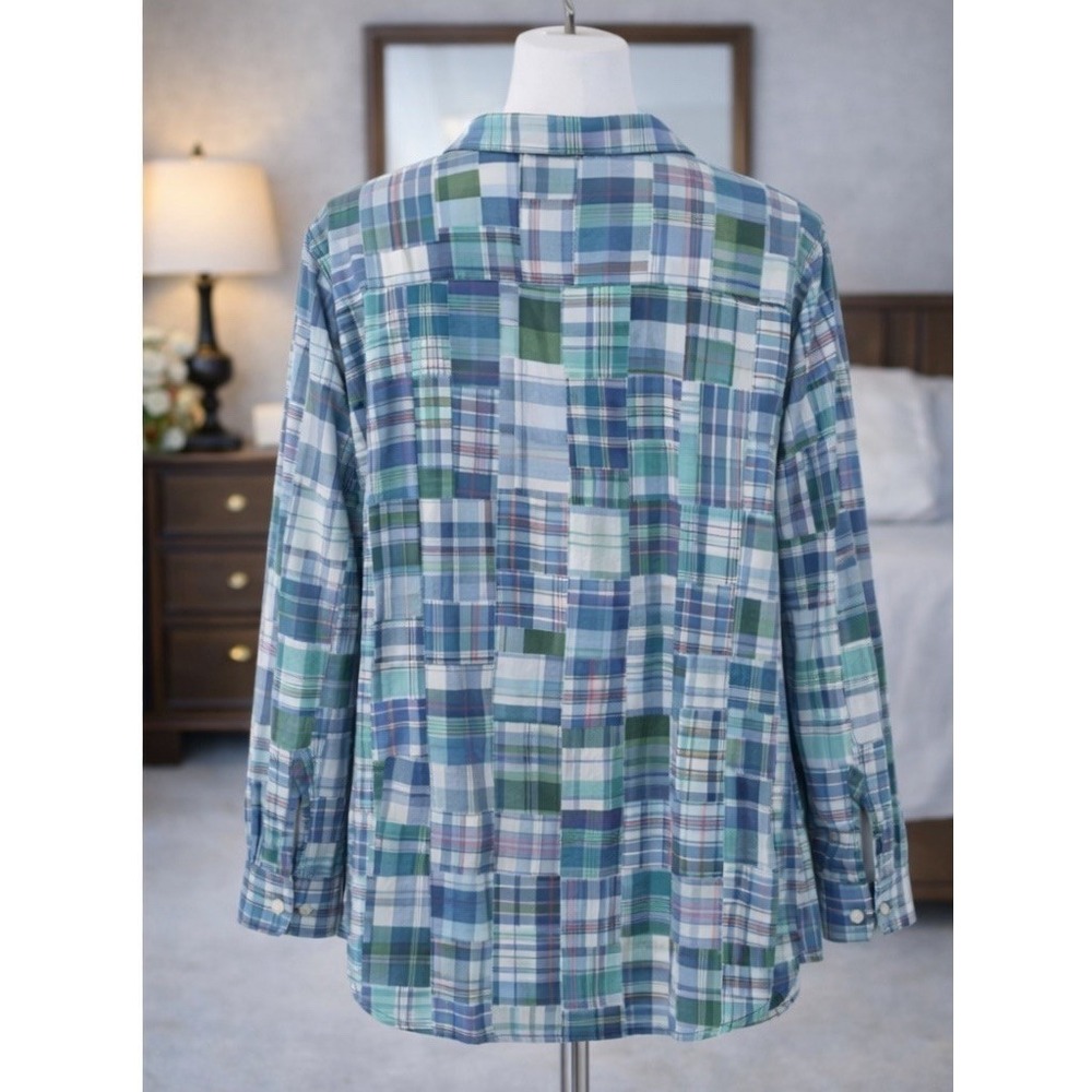 Ll Bean Patchwork Plaid Button Front Top Shirt Bl… - image 2